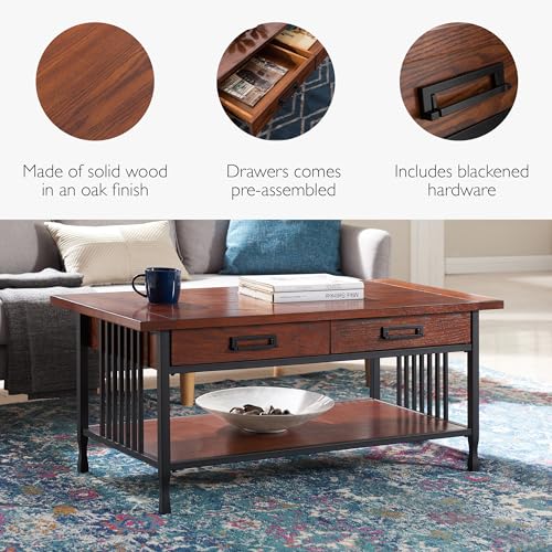 Image of Leick Home Ironcraft Coffee Table, 46 inch, Mission Oak, Black