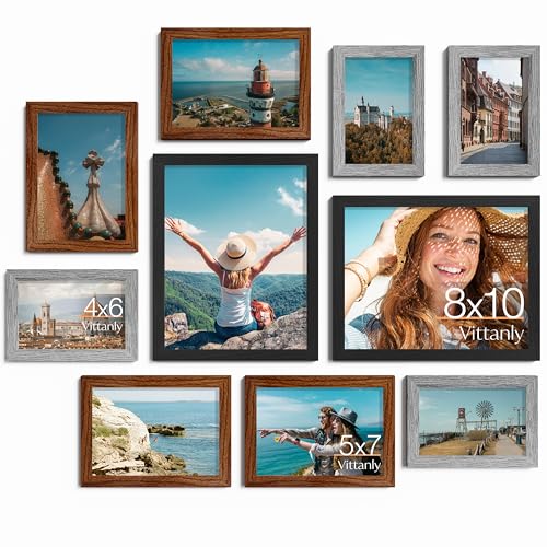Image of Vittanly 10 Pack Picture Frames, Picture Frames Collage Wall Decor with Two 8x10, Four 5x7 and Four 4x6 Photo Frames, Gallery Wall Frame Set for Wall or Tabletop Display, Black, Walnut Brown and Grey