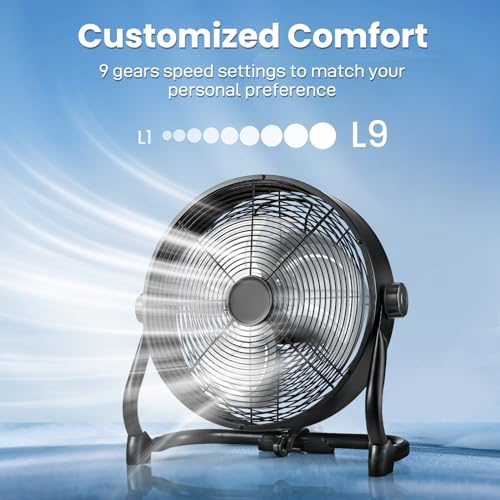 Air Choice 12" Battery Powered Fan, Portable Rechargeable Cordless Fan, 360° Tilt, 20H Run Time, 9 Wind Speed, High Velocity Heavy Duty Metal Floor Fan for Camping Hurricane Home Warehouse by Air Choice - Image 3