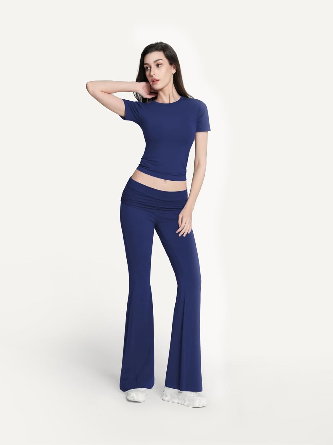 Motarto Women's 2 Piece Lounge Sets Short Sleeve Slim Fit Foldover Flare Pants Crop Top Casual Loungewear PJ - Image 4