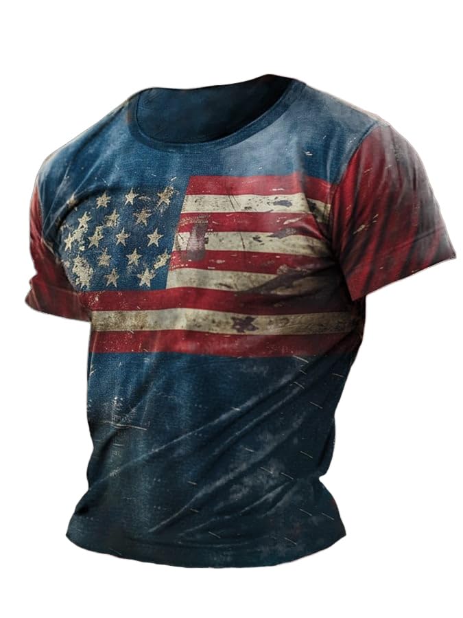 Men's Vintage Flag Print Crew Neck T-Shirt 4Th of July Patriotic Shirt