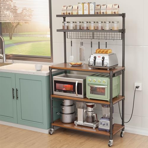 Image of CSIHOP 5-Tier Bakers Rack with Power Outlet,36 Inch Microwave Stand with Storage and Wheels,Metal Standing Heavy Duty Kitchen Shelves Shelf for Appliance Storage,Coffee Bar