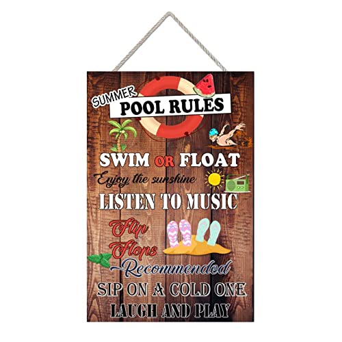 MISSUYSA Retro Wood Sign Pool Rules Hanging Sign Hello Summer Wall Decoration Outdoor Swimming Pool Decor Pool Sign 12x18 inch