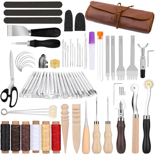 サムコス レザークラフトキット 革工具セット カスタム収納袋付き 千枚通 革包丁 ワックス糸 リミングホイール 菱目打ち ハサミ コバ磨き 指貫 針 革用 DIY 手作り 手縫い レザークラフト ザーツールセット (75個セット)
