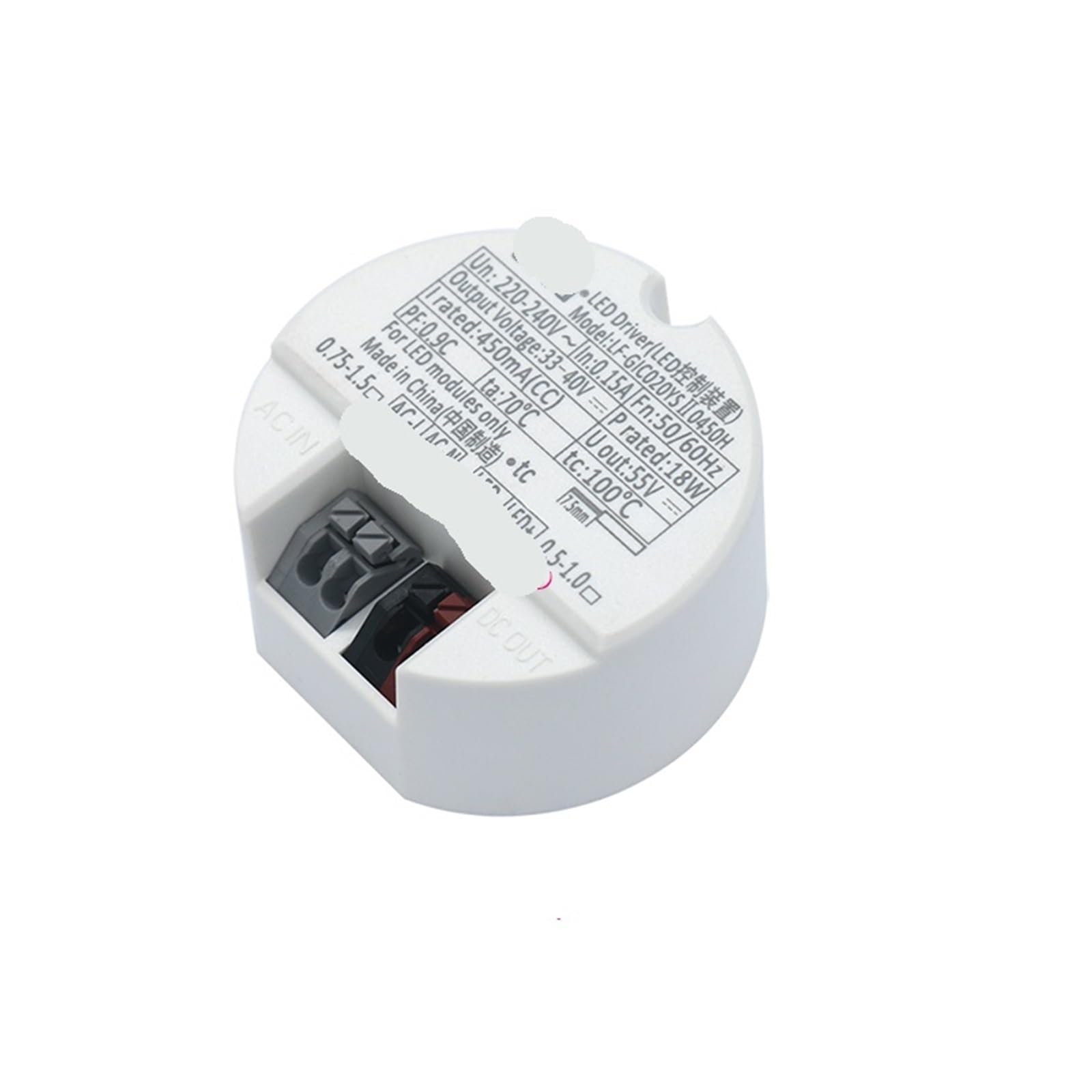 Pilote de LED 18W sans soudure connexion rapide transformateur DC33-40V blanc