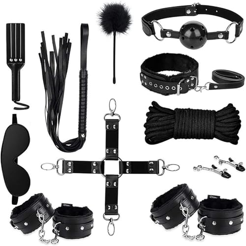 Kit de Bondage BDSM de Cuero Premium, 11 Piezas - Set de Ataduras Ajustables para Parejas, Esposas Suaves,Sistema de Sujeción para Cama con Cierre de Seguridad,Accesorios Fetiche para Adultos (Negro)