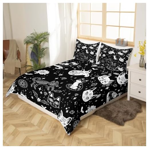 Manfei Cat Skeleton Duvet Cover Twin Size,Halloween Theme Gothic Skull Comforter Cover with 1 Pillowcase for Boys Girls,Black and White Galaxy Soft Breathable Bed Cover Room Decor