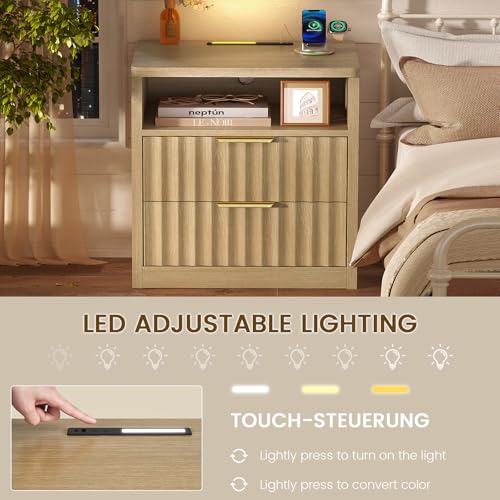 Image of TEENFON Fluted Night Stand, Nighstand with Charging Station and LED Light, Modern Bed Side Table for Small Space, Storage Drawer and Open Shelf, for Bedroom, Natural