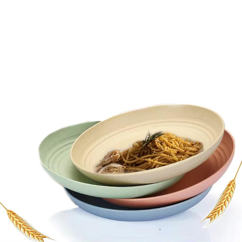Unbreakable Cereal Dinner Plates, 9 Inch Wheat Straw Deep Plates, 4 Pcs Reusable Plastic Plates, Lightweight Plates Salad Kids Plate for Kitchen Camping BPA FREE Dishwasher Safe