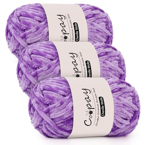 Coopay Lot de 3 Pelotes de Laine Chenille pour Crochet - 100 g de Fil Velouté, Épais et Moelleux - pour Couvertures, Écharpes - Violet