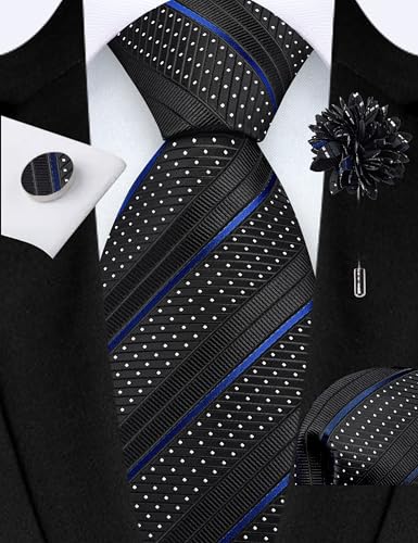 Image of GUSLESON 3.15 inch（8cm） Mens Stripe Tie and Lapel Pin Necktie Hankerchief Cufflinks Set for Men