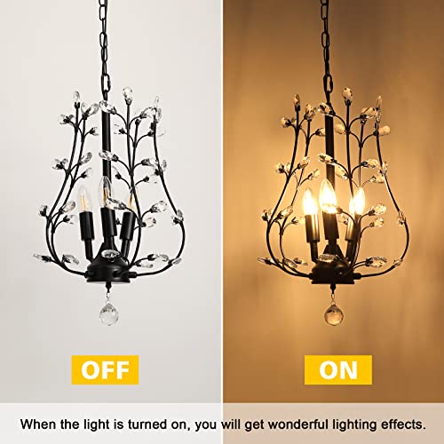 Unicozin Vintage Clear Crystal Branch Chandelier, 3 Lights Pendant Hanging Light E12 Base, Ceiling Light Fixture for Living Room, Dining Room, Restaurant, Porch, Hallway (Matte Black)