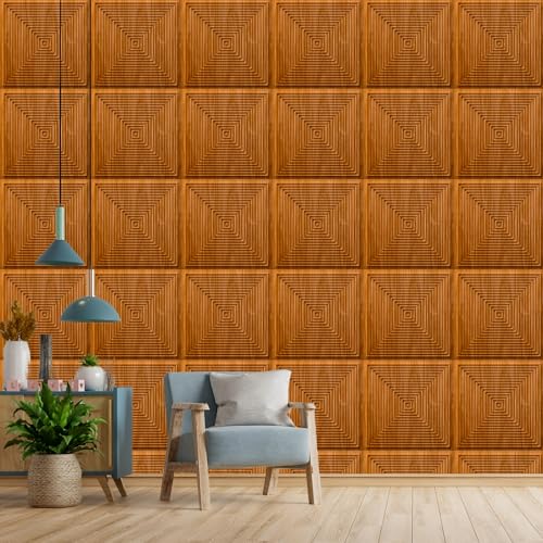 Image of Kayra Decor 3D PVC Wall Panels for Bedroom & Living Room | Pryamid Design |Teak Wood Color | 19.7 x 19.7 Inch | Pack of 12 | 32.28 Sq Ft