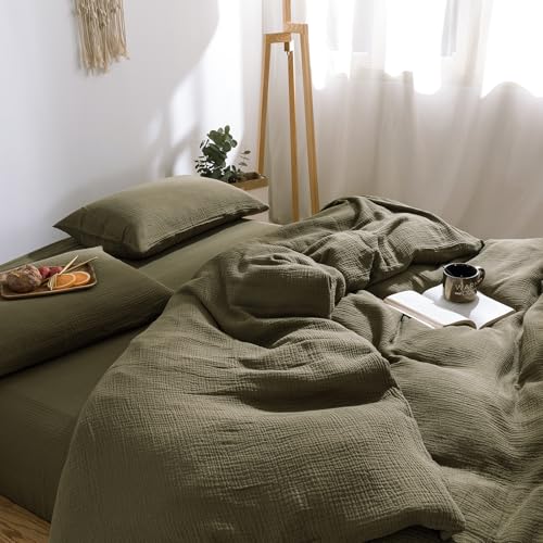 Image of mixinni Olive Green Waffle Weave Duvet Cover Set King, 3-Piece 100% Natural Washed Cotton Triple-Layer Gauze Solid Bedding Set, Soft Breathable Minimalist Comforter Cover with Zipper & Ties-King