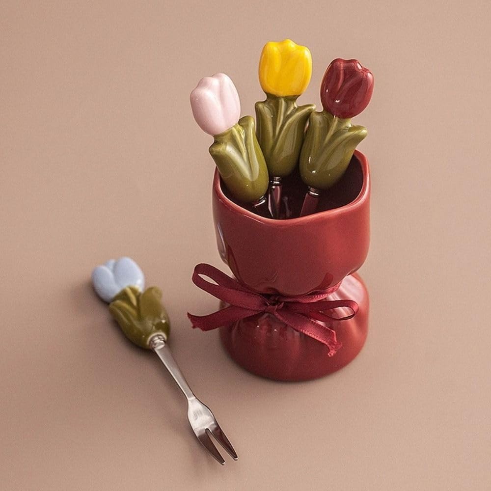Set di 4 forchette da frutta, forchette da dessert decorative con barattolo, in ceramica, riutilizzabili, per la decorazione della casa (bianco)