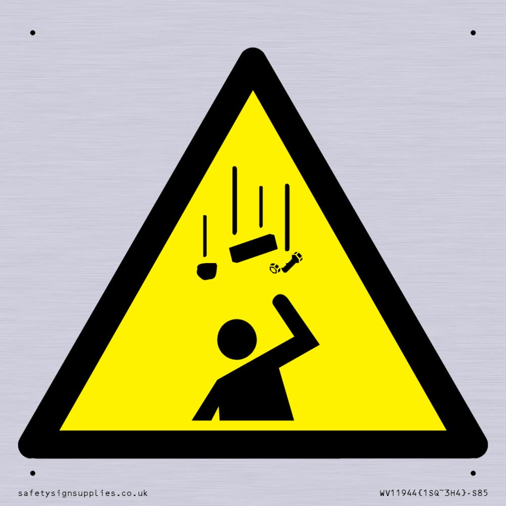 W035 Warning: Falling objects Sign - 85x85mm - S85, Yellow/White