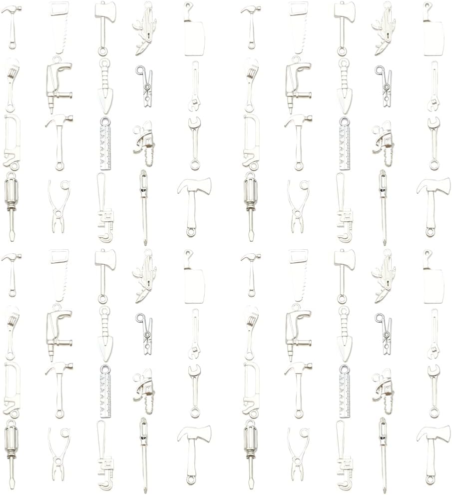 80pcs Bright Silvery New Tool Series Hammer, Wrench, Screwdriver, Measuring Tool Pendant Jewelry Making DIY Keychain Earrings Pendant Various Design Charms for Jewelry Making Bracelets Necklace (SN903)