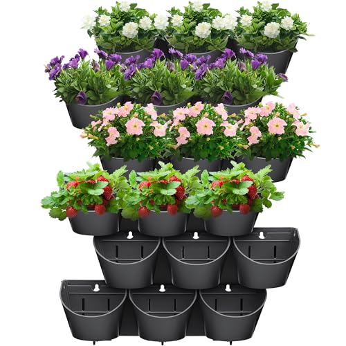 Worth Garden Upgraded 6 Sets (18 Pockets) Self Watering Stackable Vertical Planters - Wall Mounted Plastic Plant Grow Pots fr Strawberries Flowers Herbs - Indoor Outdoor Green Wall Decoration (Black)