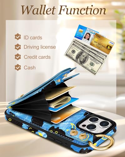 Petitian for iPhone 13 Pro Max Wallet Case for Women, Blue Cat | Credit Card Holder, Wristband Strap, Leather Phone Cover, Cute Girly Aesthetic, RFID Blocking, Unique Design for Teen Girls - image 3