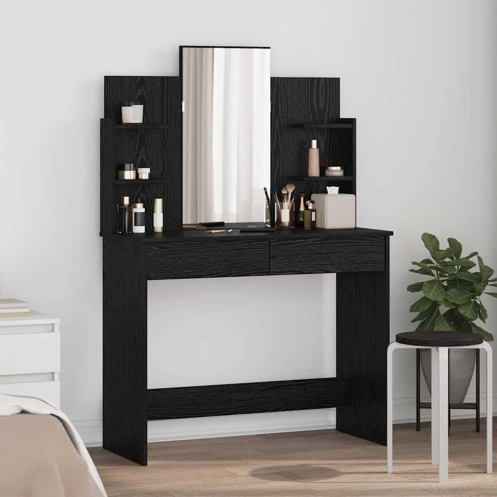 Générique Schminktisch mit Spiegel, Eiche, Schwarz, 96 x 142 cm | Glattes Holz, Regale aus Brettern, ausziehbare Schubladen, einfache Reinigung