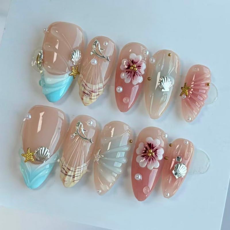 30Pcs Summer Press on Nails Medium Almond Fake Nails Ocean Beach False Nails French Tip Acrylic Nails with Flower Starfish Seashell Design Stick on Nails for Women Manicure