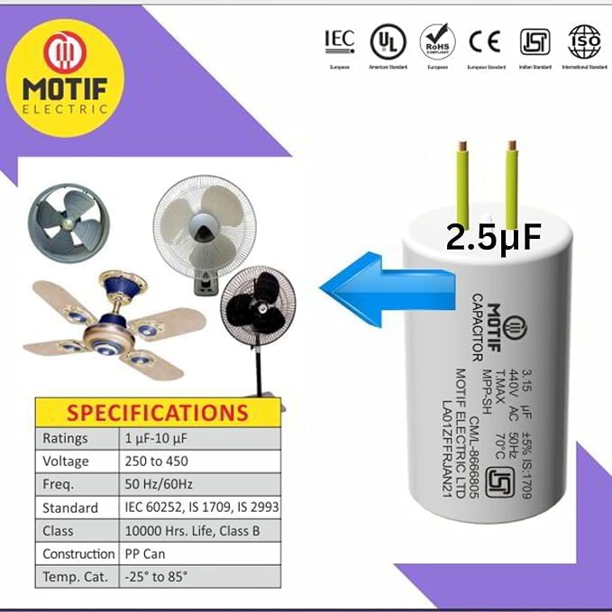 Image of Arrival Imports Motif ISI Electric Ceiling Fan Capacitor - 2.5μF, Reliable Performance for Efficient Fan Operation (4)