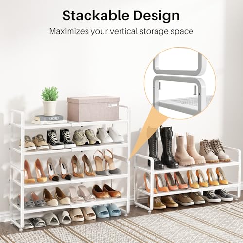 Image of SNTD Shoe Rack - Expandable Shoe Organizer for Closet, Adjustable Metal Shoe Shelf Storage, Stackable Long Shoe Stand Holder for Garage, Entryway, Door Entrance (White, 2-Tier)