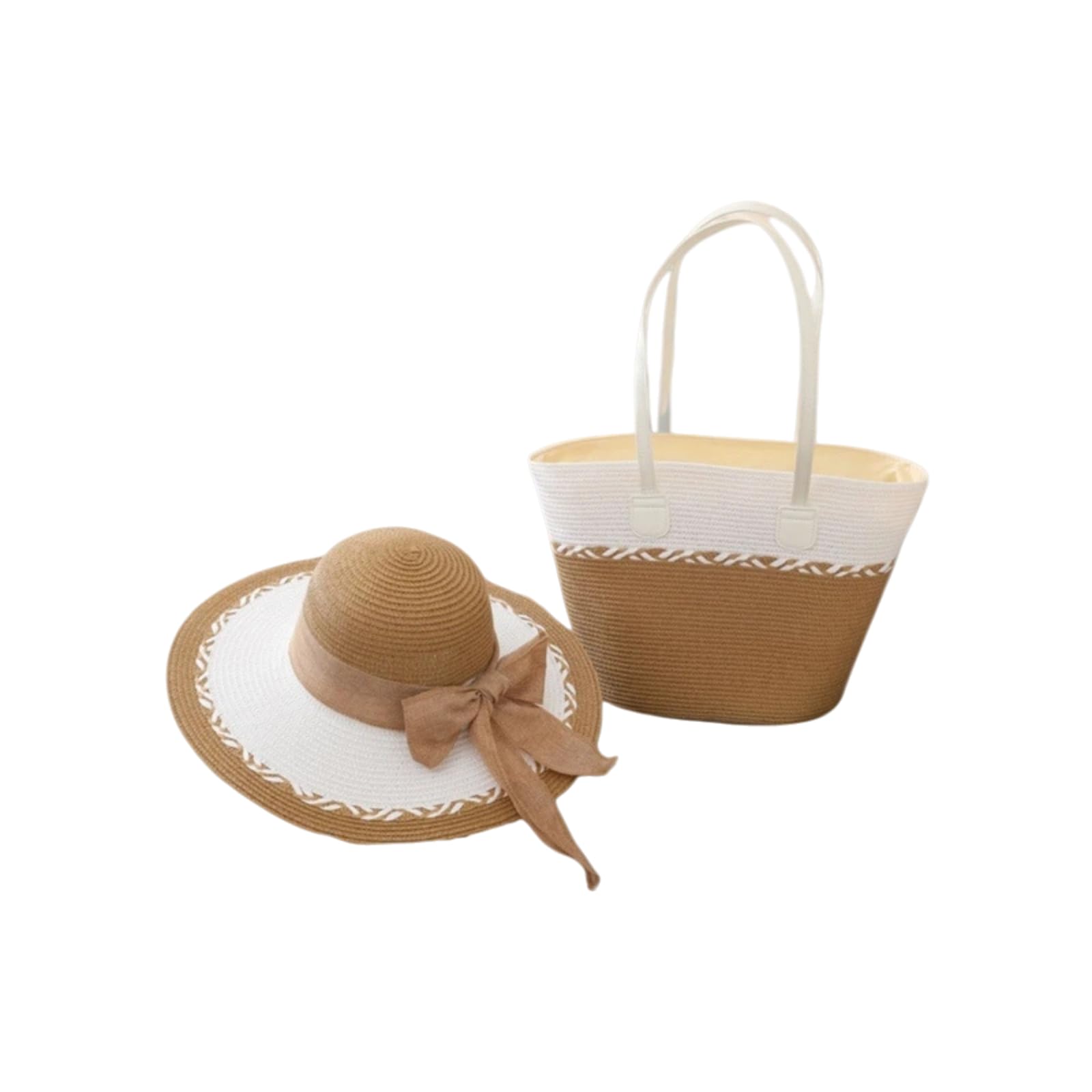 Set Borsa Da Spiaggia In Paglia Intrecciata E Cappello Sole Tesa | Capiente borsa intrecciata con spallacci doppi, set coordinato ideale per spiaggia e viaggi all'aperto