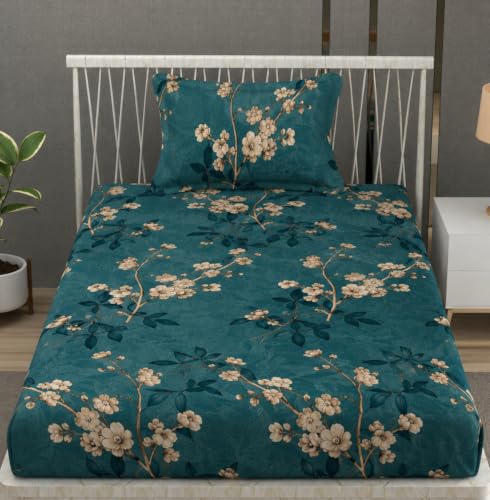 Image of Vram Premium Heavy Cotton Flat Bedsheets with 1 King Size Pillow Covers || Single Bed 350 TC || 60 x 90 Inch Single Size Flat || :- Green Flower
