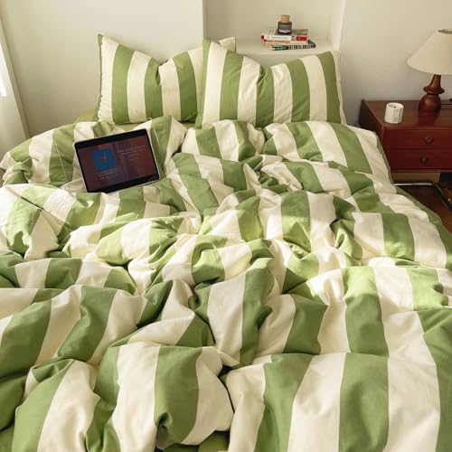 3 Pieces Striped Duvet Cover Set Queen 100% Washed Microfiber Sage Green and White Stripes Pattern Printed Comforter Cover Farmhouse Striped Bedding Set Soft Breathable Duvet Cover Queen Size