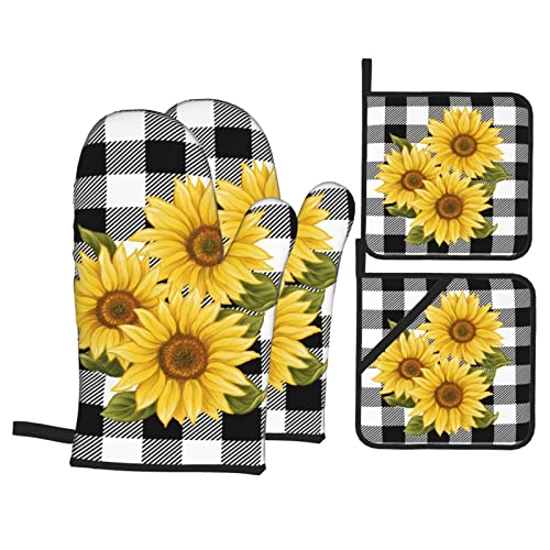 Sunflower Black White Buffalo Plaid Oven Mitts And Pot Holders Sets Of 4 High Heat Resistant Yellow Floral Lumberjack Check Oven Mitts With Oven Gloves And Hot Pads Non-Slip Potholders For Kitchen Bbq #TOP5
