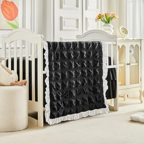 Image of Ruffled Crib Bedding Set Baby Boho Quilted Comforter with Fitted Sheet and Bed Skirt - Cute Soft Breathable Seersucker Ruffled Shabby Chic Bedding Soft Blanket Design - Black