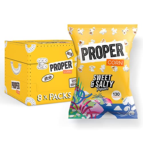 PROPER Sweet & Salty Popcorn 90g x 8 Sharing Bags Natural Sea Salt and Demerara Sugar Seasoning Vegetarian & Gluten-Free 135 kcal per portion