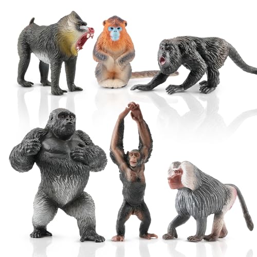 Toymany 6PCS Primates Figurines, Plastic Jungle Monkey Animals Set Included Monkey Ape Chimpanzee Gorilla Toys for Kid Todllers