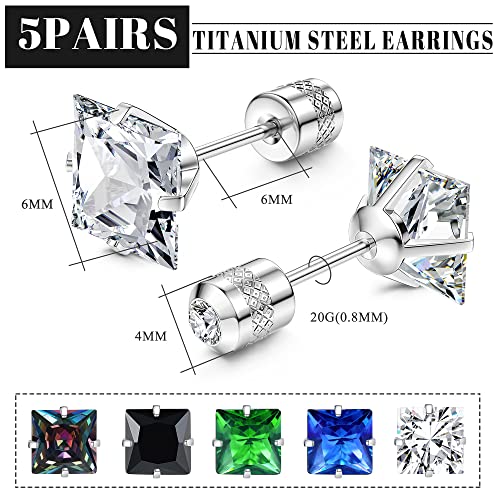 Fibo Steel 5 Pairs Titanium Screw Back Surgical Stainless Steel Stud Earrings For Women Men,Rainbow 5A Cubic Zirconia Studs Double Side Earrings Piercing Sleeper Studs Jewelry 6Mm Silver Square #TOP1