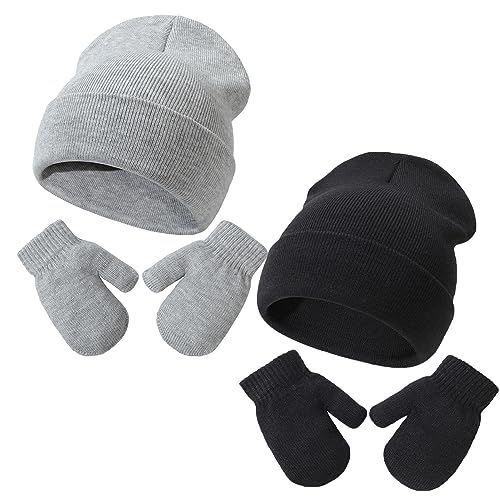 Image of Baby Beanie Hat Gloves Set, Kids Winter Warm Knit Hat with glvoes,Toddler Soft Beanie for Little Boys Little Girls Children