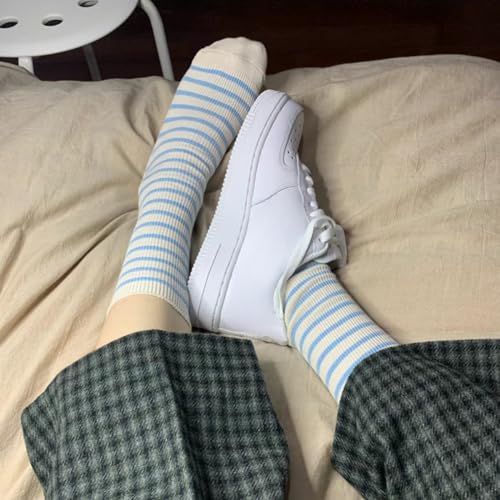 Striped Socks High Ankle Women Cotton 8 Pairs Double-Needle Retro Style Cute Casual Crew Socks4