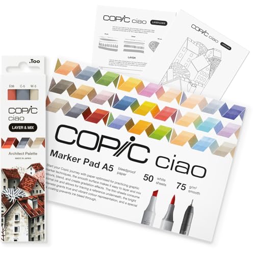 Copic Ciao LAYER & MIX Starter Set Architect, Marker Set mit 3 verschiedenen Farben, Markerpapier und Zeichenvorlage zum abpausen, inkl. Kennenlern-Übungsblatt