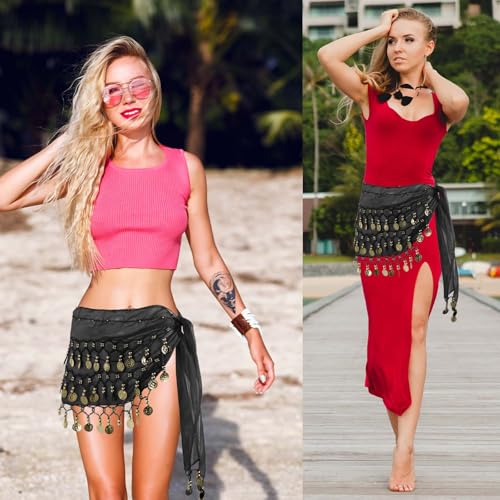 AHQiZFX 1 Stück Damen Bauchtanz Gürtel,Tanztuch mit Münzen für Bauchtanz,Bauchtanze Münzgürtel,Bauchtanze Chiffon Hüfttuch,Bauchtänzerin Kostüm,für Mädche Frau Performance Kostüm Bauchtanze Yoga Kurs