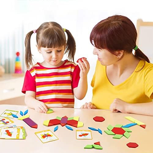RHYOCIYE 155 Pcs Wooden Jigsaw Puzzle Tangram Pattern Blocks Geometric Shape Puzzle, Montessori Color Sorting Stacking Toys, Early Educational Brain Teaser Toy for Kids 9 51IVaXePACL. AC