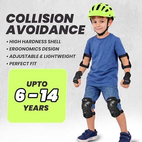 Image of Jaspo Tyro Complete Protective Gear Set for Kids | Helmet with Knee Pads, Elbow Pads & Wrist Guards for Skating, Cycling & Skateboarding (Neon) (6-14 Years)