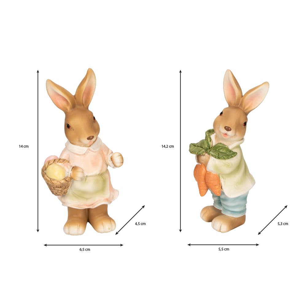 Ideen mit Herz Figuras decorativas de pareja de conejos, 2 figuras de conejos con zanahorias y huevos de Pascua, decoración de Pascua, aprox. 14 cm de alto (diseño 1)