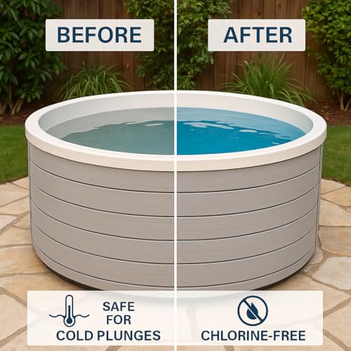 SRN Cold Plunge Kit – Sanitizer, Oxidizer, Spa Up, Spa Down – with My Garden Pool Scum Sponge & 7-in-1 Pool & Spa Test Strips (20 ct) – pH Balance & Maintenance Set for Ice Baths & Plunge Tubs