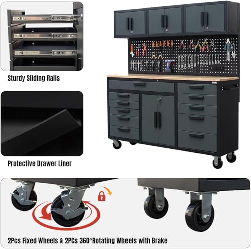 Image of 72in Rolling Tool Chest Cabinet Mobile Garage Workbench Heavy-Duty Tool Cabinet on Wheels with 11 Drawers, 2-Door Cabinet, 3 Top Cabinet, Pegboard & Power Strip for Tool Organization