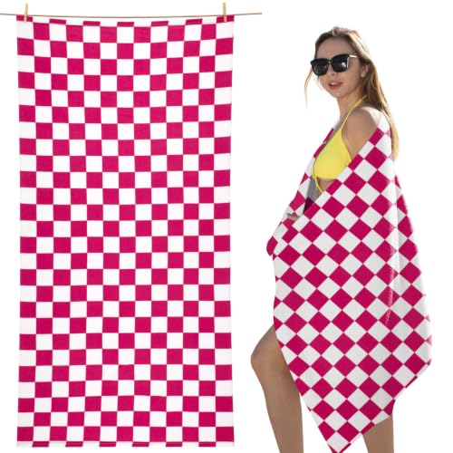 cabanana Large Oversized Beach Towel - 35x70 inch Microfiber Pool Towel，Quick Dry Lightweight Swim Towel for Adults (Checkered Pink)