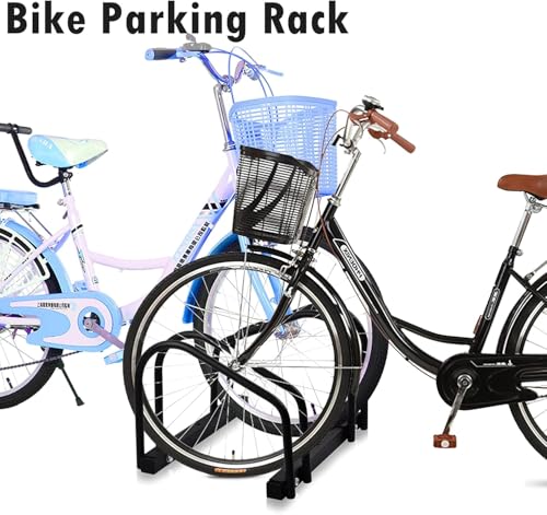 Image of India Heavy-Duty 2-Bike Floor Mount Bicycle Parking Stand | Black Staggered Space-Saving Cycle Storage Rack | Dual Wheel Parking Organizer | Two-Position Bicycle Support for Neat Ground Arrangement