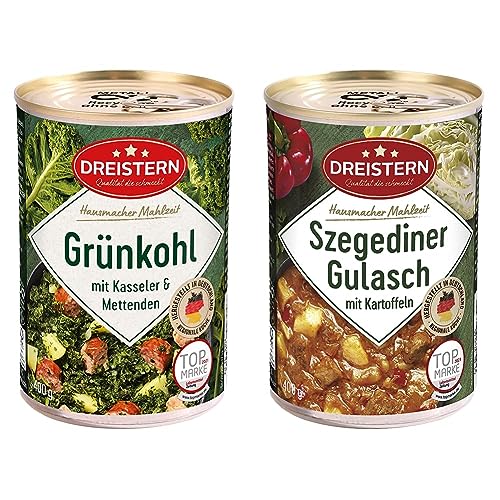 DREISTERN Grünkohl mit Kasseler und Mettenden 400 g I leckeres Fertiggericht mit Gemüse & Gulasch mit Kartoffeln