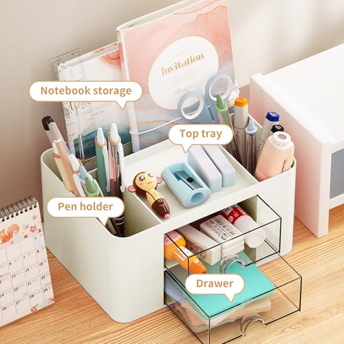Image of Marbrasse Pen Organizer with 2 Drawer, Multi-Functional Pencil Holder for Desk, Desk Organizers and Accessories with 5 Compartments + Drawer for Office Art Supplies (Beige)