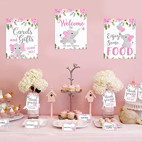 Pink Elephant Baby Shower Decor Pink & Gray Table Bar Signs Food Tent Cards Thank You Tags Diaper Raffle Game Cards Set for Pink Little Peanut Welcome Baby Girl Birthday Party Supplies