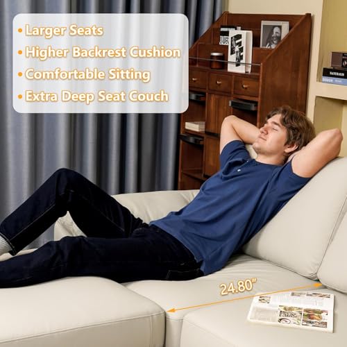 Image of EASE MOOSE Leather Sectional Couch, Oversized Modular Sofa, Beige | Pet-Friendly Faux Leather, Wide Deep Seat, Removable Covers, Solid Wood Frame, Easy Assembly, Scratch Resistant